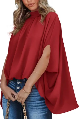 Vista 18 de BTFBM Blusas de verano para mujer, cuello alto falso, manga murciélago, holgadas, dobladillo alto y bajo, blusas informales de gran