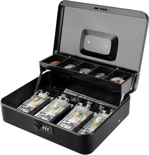 Vista 14 de Jssmst - Caja de efectivo de metal grande con bandeja de dinero,Caja de bloqueo