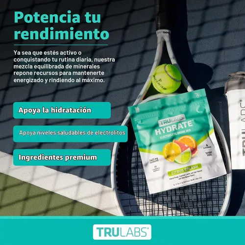 Vista 5 de TRULABS Hydrate - Mezcla de bebida con electrolitos – Sabor cítrico Splash, paquetes de hidratación sin azúcar con electrolitos de 1422 mg y 19