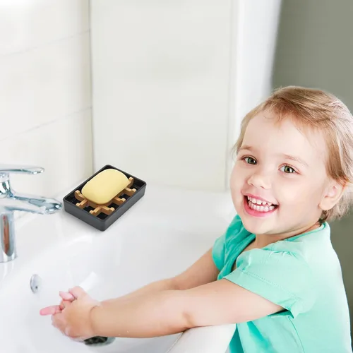 Vista 7 de Jaboneras de bambú para ducha con drenaje de madera para jabonera de baño, fácil de limpiar, duraderas y con almohadillas antideslizantes