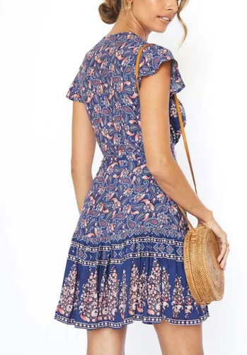 Vista 3 de ZESICA - Vestido corto con cuello en V cruzado para mujer, estampado floral bohemio, con vuelos, acampanado, vestido de verano 2024 para la playa