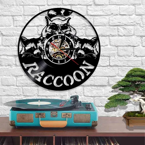 Vista 3 de Reloj de pared de disco de vinilo, arte de mapache, reloj de pared decorativo, diseño moderno, reloj de vinilo animal, decoración de pared, reloj