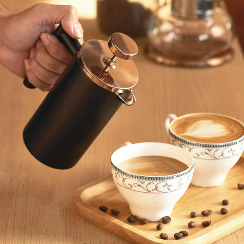 Vista 8 de Prensa Francesa Pequeña 350ml Negra, Prensa Francesa de Acero Inoxidable con Pared Doble Aislada para Viaje y Camping, Cafetera de Café Colado