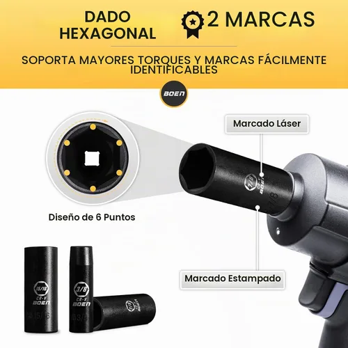 Vista 3 de BOEN Juego de llaves de impacto profundo de 3/8" de 14 piezas, 3/8" a 1" de cubo, 3/8" de guía universal de 6 puntos, barras de extensión de 6