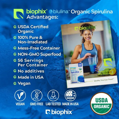 Vista 6 de biophix Blue Spirulina en polvo orgánico Blulina 2 onzas – Algas espirulina orgánica en polvo 56 porciones – Suplemento superalimenticio – Pigmento