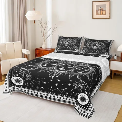 Vista 7 de Erosebridal Juego de sábanas tamaño individual con estampado de luna, diseño de flores de loto, color morado degradado, juego de sábanas orientales