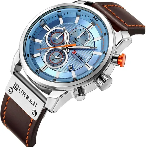 Vista 2 de Reloj de cuarzo analógico con correa de cuero para hombre, estilo clásico, informal, de acero inoxidable, impermeable, cronógrafo, fecha, analógico