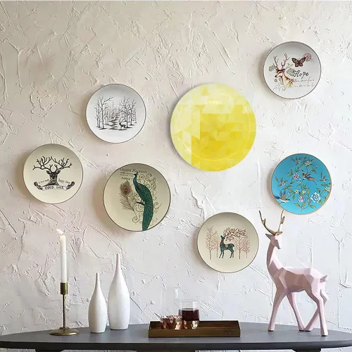 Vista 5 de Platos de cerámica, placas de cerámica decorativas amarillas, triángulo simple, mosaico retro ondulado, 8 pulgadas, platos decorativos