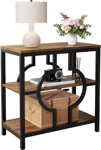 Vista 8 de Mesa auxiliar, mesa auxiliar estrecha con estantes de almacenamiento de 3 niveles, mesa auxiliar de sofá de madera con marco de metal geométrico