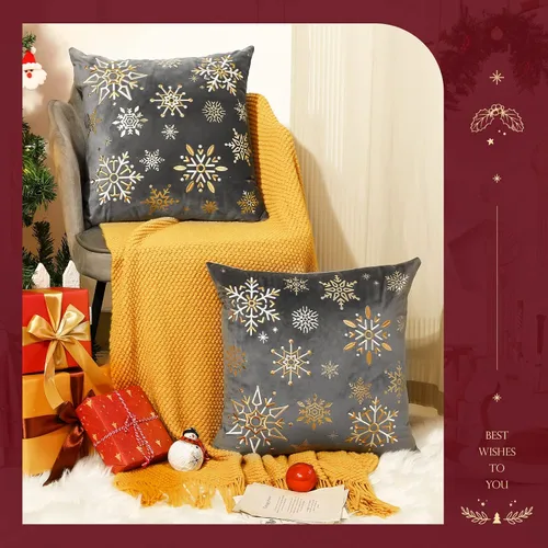 Vista 5 de Fundas de cojín decorativas de Lewondr para Navidad, con bordado de copo de nieve y patrón de estampado en caliente, para sofá, cama, silla Gris