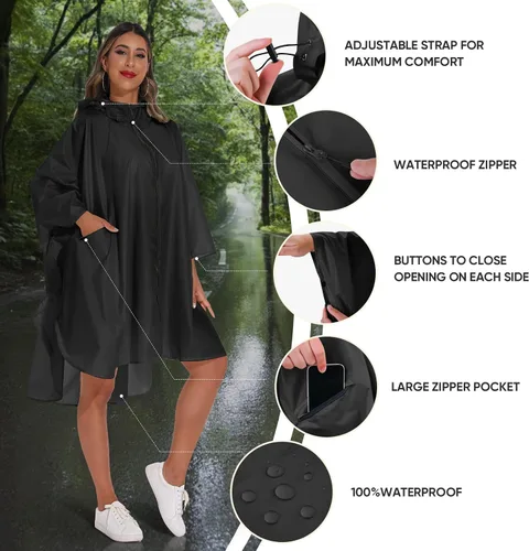 Vista 6 de PTEROMY Hooded Rain Poncho for Adult with Pocket and Zipper, Waterproof Lightweight Raincoat for-Men and Women
