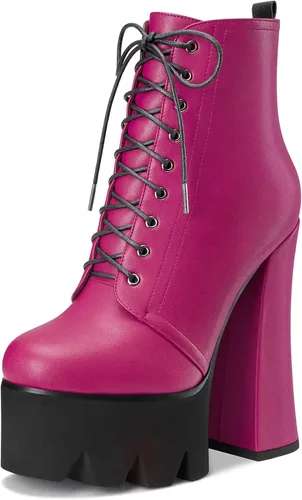 Vista 17 de HDEUOLM Botas de tobillo con tacón alto de bloque grueso para mujer, puntera redonda, botines cortos con cordones y cremallera, zapatos clásicos