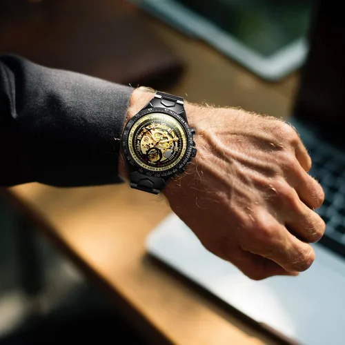 Vista 7 de IK COLOURING Reloj de pulsera mecánico de acero inoxidable con diseño steampunk, de cuerda automática con números romanos, Mecánico, cuerda