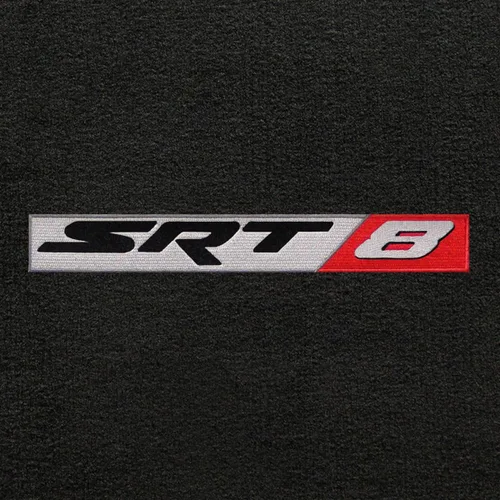Vista 3 de Se adapta a 2011-2014 Dodge Challenger 2 alfombrillas delanteras negras ébano con logotipo SRT-8 en rojo y plateado