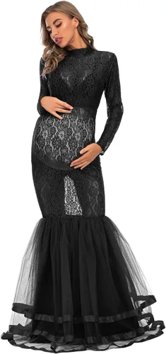 Vista 4 de ZIUMUDY Elegante vestido de maternidad transparente de encaje para sesión de fotos manga larga tul tutus vestido maxi de accesorios para fotos