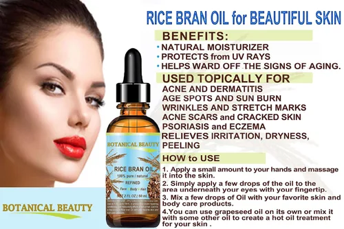 Vista 4 de Botanical Beauty Aceite de salvado de arroz 100% puro y natural refinado sin diluir prensado en frío aceite portador para cara, piel, cuerpo