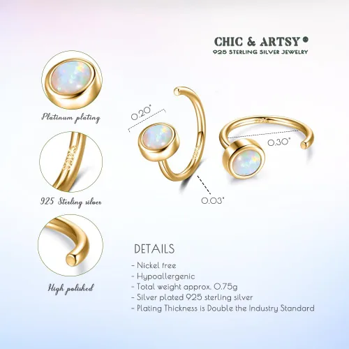 Vista 4 de Aretes de aro de plata de ley 925 con piedras preciosas sintéticas, ópalo, turquesa, piedra lunar, circonita cúbica, para mujer, diseño minimalista