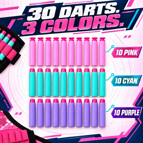 Vista 7 de Set de chaleco táctico rosa para niñas con pistola para Nerf Rebelle y N-Strike Elite Series con 30 dardos de recarga, clip de recarga rápida