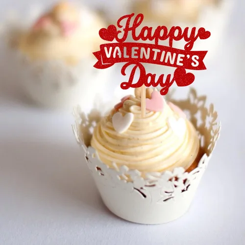Vista 4 de Rsstarxi Paquete de 24 adornos para cupcakes para el día de San Valentín, con purpurina roja, dulce amor, para cupcakes, decoración de San Valentín