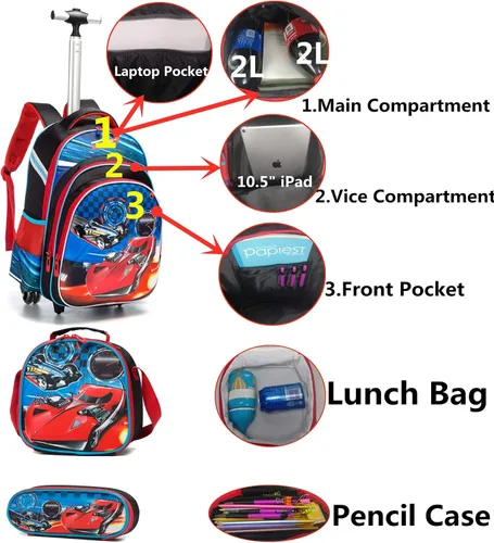 Vista 4 de Mochila con ruedas para niños y niños, maleta de viaje para estudiantes de primaria, mochila para niños, Coche rojo, Portátil