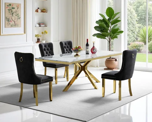 Vista 10 de Juego de mesa de comedor de mármol para 6, mesa de cocina rectangular de mármol blanco de 68 pulgadas con patas en X de acero inoxidable dorado