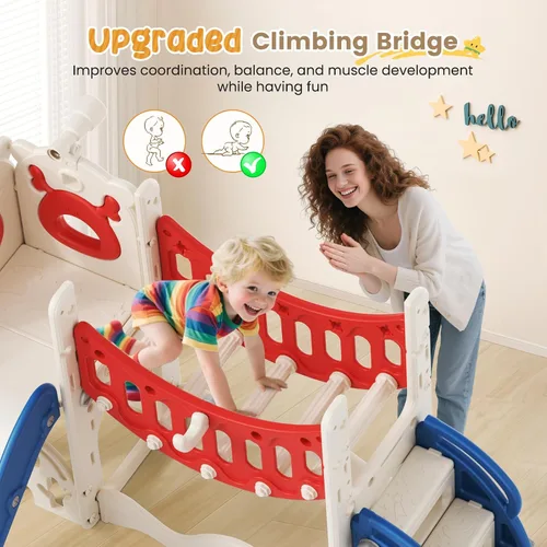 Vista 5 de Tobogán para niños, juego 10 en 1 para niños pequeños, nueva actualización con tobogán para niños, tabla de dibujo, juego de golf, aro de baloncesto