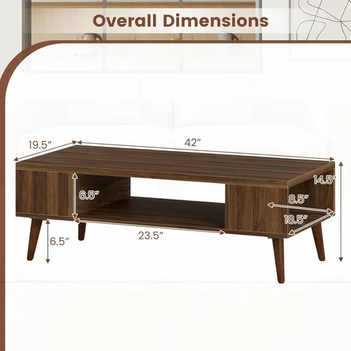 Vista 2 de Giantex Mesa auxiliar moderna de mediados de siglo, mesa central rectangular de 42 pulgadas con 2 estantes de almacenamiento y compartimento