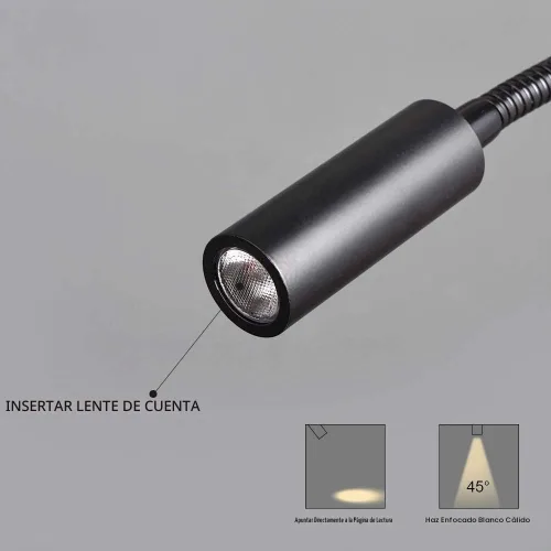 Vista 4 de Luz de lectura montada en la pared Interruptor táctil regulable LED 3W blanco cálido 3000K adaptador de CA (negro)