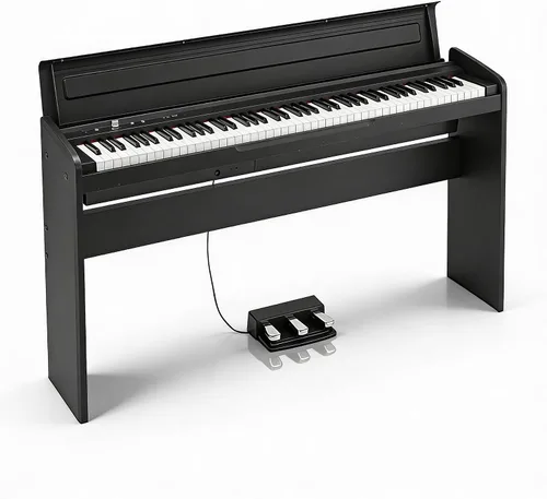 Vista 2 de Korg Piano digital LP-180, paquete negro con banco de muebles, libro de instrucciones, DVD instructivo de Austin Bazaar y paño de pulido
