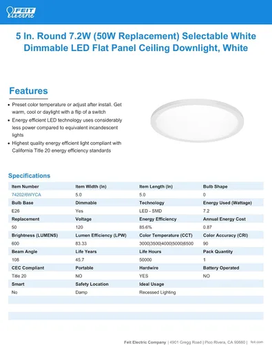 Vista 5 de Feit Electric LED Ceiling Downlight, Dimmable Flat Panel Ceiling Light with Color Selection (5CCT), TP24 Adapter Included