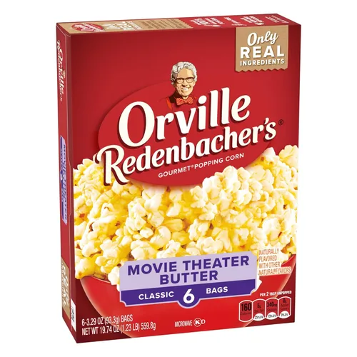 Vista 3 de Orville Redenbacher's Palomitas de maíz para microondas, sabor a mantequilla de cine, 0.11 onzas de fibra por porción, suministros nocturnos