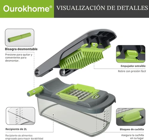Vista 4 de Picadora de verduras Ourokhome con recipiente, picadora manual de verduras con 2 cuchillas de corte para tiras de papa, cubos de cebolla, palitos