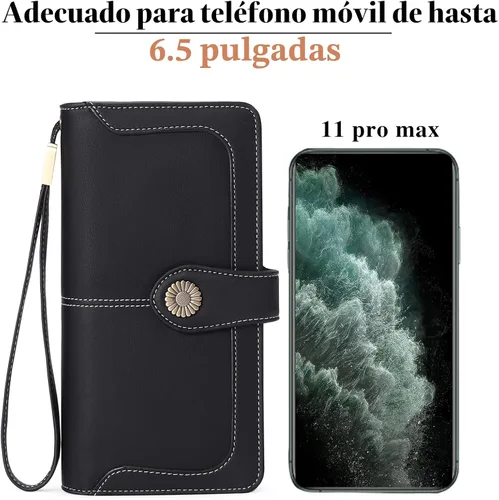 Vista 5 de FALAN MULE Cartera de cuero para mujer, de gran capacidad, bifold, con bloqueo RFID, tarjetero con bolsillo para monedas con cremallera Aa-negro.