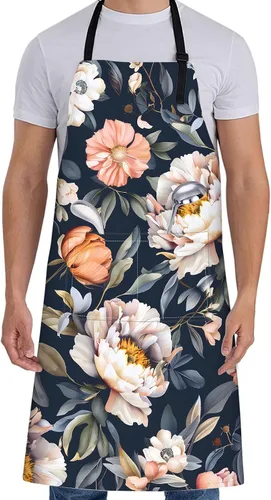 Vista 14 de Delantal floral de margaritas blancas para mujer, 28 x 33 pulgadas, delantales de cocina de primavera fresca con 2 bolsillos, tela Oxford, delantal