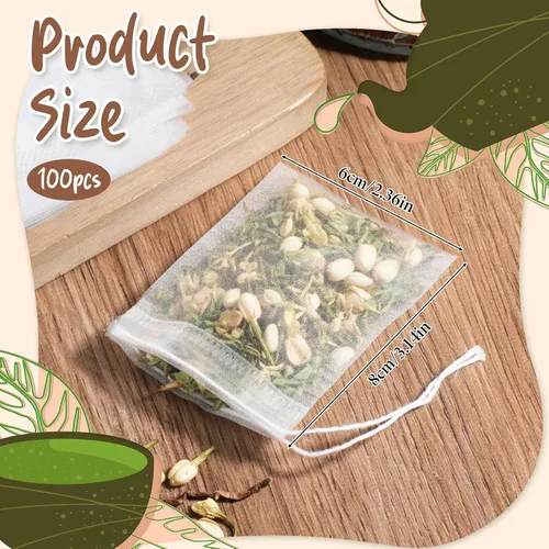 Vista 2 de 100 bolsas de filtro de té con cordón, bolsas de té vacías desechables de 3.14 x 2.4 pulgadas, bolsa de café, bolsa de té desechable para tés