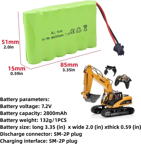 Vista 2 de 2 pilas recargables AA de 7.2 V 2800 mAh con enchufe SM-2P y 2 cables de carga USB para Huina 1550 550 Excavadora de control remoto, camión