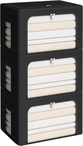 Vista 18 de Paquete de 3 cajas de almacenamiento con marco, bolsas de almacenamiento de ropa, tela Oxford, plegable, apilable, juego organizador con ventana