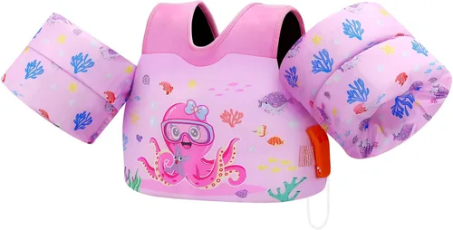 Vista 6 de MoKo Chaleco de natación para niños pequeños de 13-30/20-50/22-66 libras, flotadores de brazo de natación de dibujos animados, alas de agua