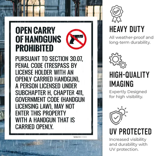 Vista 6 de Open Carry Of Handguns Prohibited Texas Penal Code Section 3007 Kit de letreros para acera, 18 x 24 pulgadas, paneles de repuesto (paquete de 2)