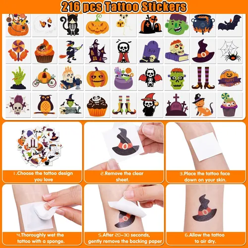 Vista 3 de MGparty Paquete de 288 regalos de fiesta de Halloween, juguetes a granel para niños, sellos de tatuajes, pulseras de goma, pulseras de goma
