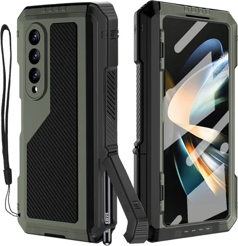 Vista 10 de Funda de metal para Samsung Galaxy Z Fold 4 con soporte para bolígrafo S, funda militar resistente Z Fold4 con protector de pantalla integrado, Negro