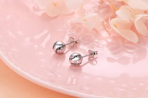 Vista 3 de Aretes de plata de ley S925 para baloncesto, béisbol, fútbol, rugby, softbol, voleibol, bola, bola, para mujeres y hombres