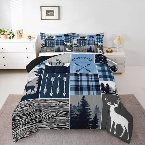 Vista 32 de Juego de edredón de cabaña rústica navideña, juego de ropa de cama estilo rústico con diseño de osos y ciervos, tamaño completo, patchwork Multi 08