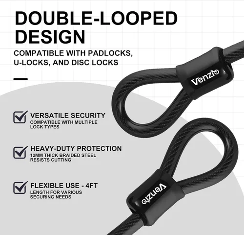 Vista 3 de Venzio - Cable de bloqueo de bicicleta resistente de 4 pies, 0.472 in (1/2 pulgada) con bucles Cable de bloqueo de acero de seguridad, cadena