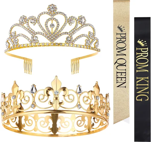 Vista 8 de Juego de 4 coronas de graduación King y Queen con fajas, coronas King para hombres, banda de satén brillante con diamantes de imitación, corona
