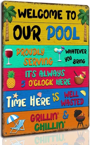 Vista 8 de Letreros de metal para decoración de patio trasero, letrero de metal para exteriores, con texto en inglés "Welcome To Our Backyard Bar