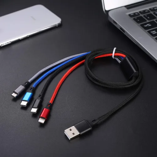 Vista 5 de Cable de carga múltiple 3A, USB A a 4 en 1 de nailon trenzado, Lightning / Dual Tipo-C/Micro Puerto Cable de carga rápida para iPhone 17, 16, 15
