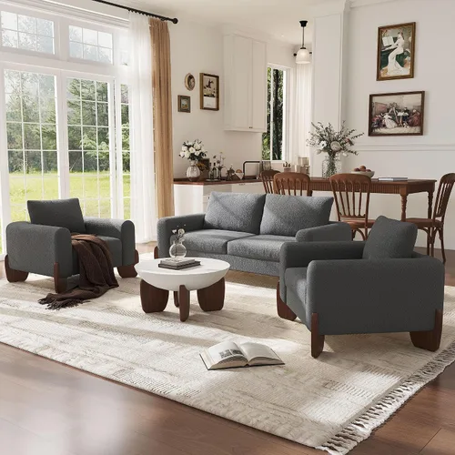 Vista 3 de Moderno juego de sofá de 3 piezas, 1 sofá biplaza y 2 sillones, juego de muebles modulares de sala de estar, tapicería Boucle, marco de sofá