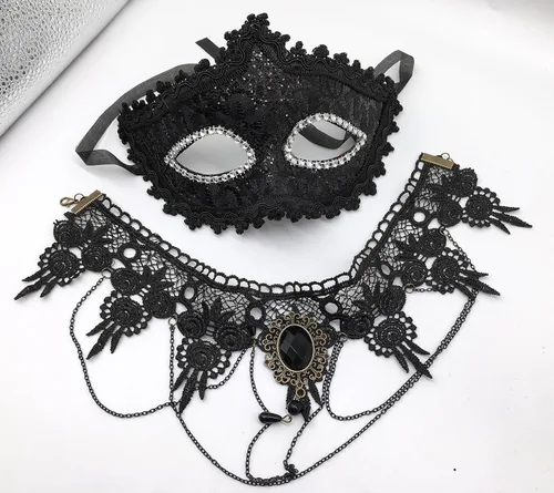 Vista 7 de Máscara veneciana negra con elegante collar gótico de encaje de princesa vintage, paquete de 2