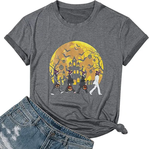 Vista 2 de Camisetas de calabaza de Halloween para mujer divertidas camisetas gráficas de Beatles Road Records camisetas de Halloween para amantes de la fiesta